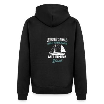 Unterschätze niemals einen alten Mann - Unisex Premium Bio Zip Hoodie - Schwarz - Hinten - Nico (187cm)