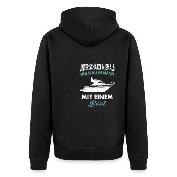 Unterschätze niemals einen alten Mann - Unisex Premium Bio Zip Hoodie - Schwarz - Hinten - Nico (187cm)