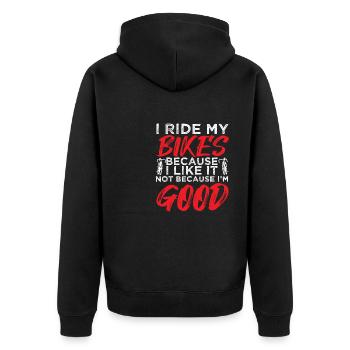 I Ride my Bikes bacause i like it not - Unisex Premium Bio Zip Hoodie - Schwarz - Hinten - Nico (187cm)