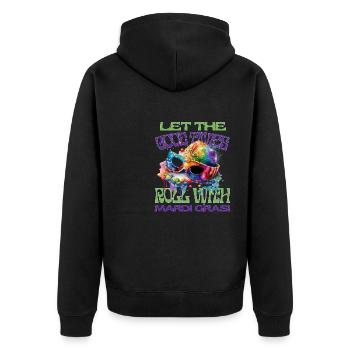 Lass die guten Zeiten beginnen - Unisex Premium Bio Zip Hoodie - Schwarz - Hinten - Nico (187cm)