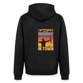 Lustiger Bogensport Spruch Bogenschießen - Unisex Premium Bio Zip Hoodie - Schwarz - Hinten - Nico (187cm)