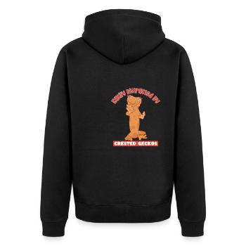 Ablenkt von süßen Geckos Lustiges Sprichwort: - Unisex Premium Bio Zip Hoodie - Schwarz - Hinten - Nico (187cm)