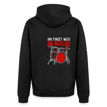 Ihr findet mich im Keller Schlagzeug - Unisex Premium Bio Zip Hoodie - Schwarz - Hinten - Nico (187cm)