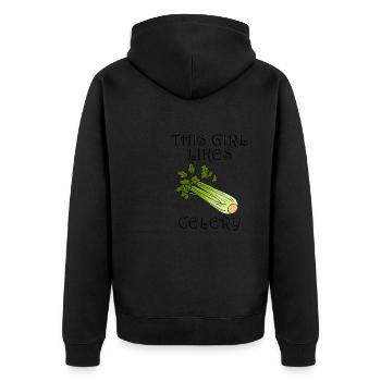 Mädchen isst Sellerie mit ironischem Zitat: Gemüse - Unisex Premium Bio Zip Hoodie - Schwarz - Hinten - Nico (187cm)