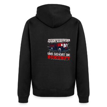 Jugendfeuerwehr Uns gehört die Zukunft - Unisex Premium Bio Zip Hoodie - Schwarz - Hinten - Nico (187cm)