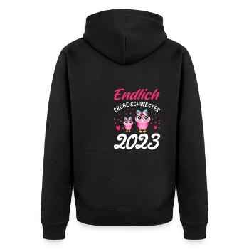 Endlich große Schwester 2023 - Unisex Premium Bio Zip Hoodie - Schwarz - Hinten - Nico (187cm)