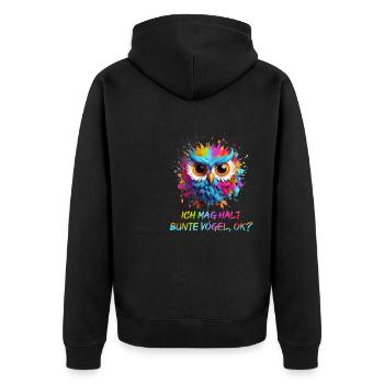 LUSTIGE BUNTE EULE - Unisex Premium Bio Zip Hoodie - Schwarz - Hinten - Nico (187cm)