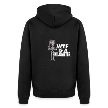 WTF Is A Kilometer Meme Skeleton USA Flag - Unisex Premium Organic Zip Hoodie - black - Back - Nico (187cm)