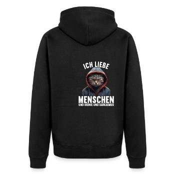 Ich liebe Menschen und Ironie und Sarkasmus - Unisex Premium Bio Zip Hoodie - Schwarz - Hinten - Nico (187cm)
