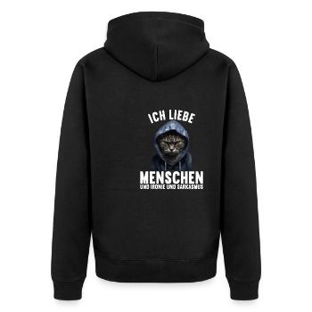 Ich liebe Menschen und Ironie und Sarkasmus - Unisex Premium Bio Zip Hoodie - Schwarz - Hinten - Nico (187cm)