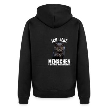 Ich liebe Menschen und Ironie und Sarkasmus - Unisex Premium Bio Zip Hoodie - Schwarz - Hinten - Nico (187cm)