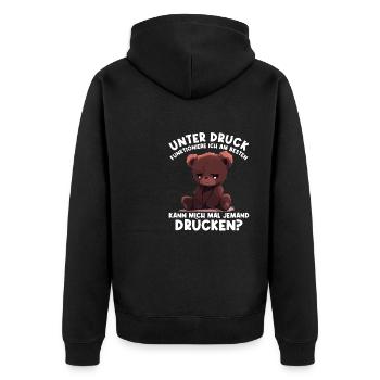 Unter Druck arbeite ich am besten Trauriger Teddy - Unisex Premium Bio Zip Hoodie - Schwarz - Hinten - Nico (187cm)