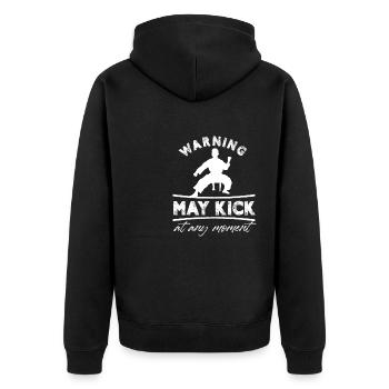 warning may kick at any moment Design - Unisex Premium Organic Zip Hoodie - black - Back - Nico (187cm)