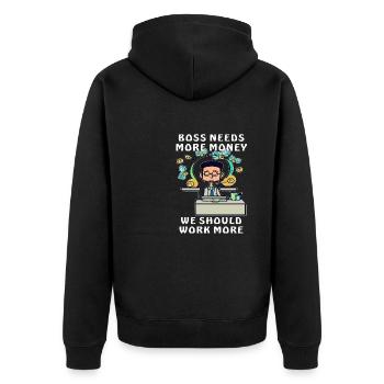 geld arbeit faul - Unisex Premium Bio Zip Hoodie - Schwarz - Hinten - Nico (187cm)
