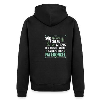 Ich komme total nach meinem Patenonkel Patenkind - Unisex Premium Bio Zip Hoodie - Schwarz - Hinten - Nico (187cm)