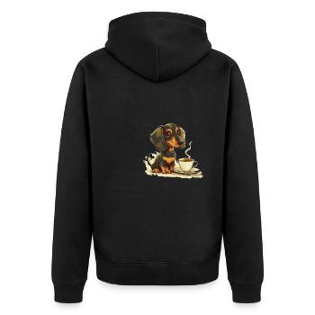 Teckel mignon Doxie avec une tasse de saucisse à café - Veste à capuche bio Premium Unisexe - noir - Dos - Nico (187cm)