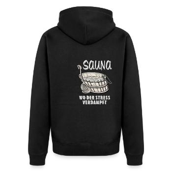 SAUNA WO DER STRESS VERDAMPFT - Unisex Premium Bio Zip Hoodie - Schwarz - Hinten - Nico (187cm)