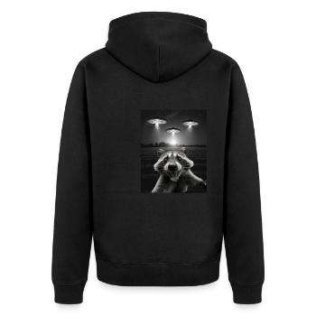 Funny raccoon selfie in front of UFOs Raccoon UFO - Unisex Premium Organic Zip Hoodie - black - Back - Nico (187cm)