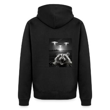Funny raccoon selfie in front of UFOs Raccoon UFO - Unisex Premium Organic Zip Hoodie - black - Back - Nico (187cm)