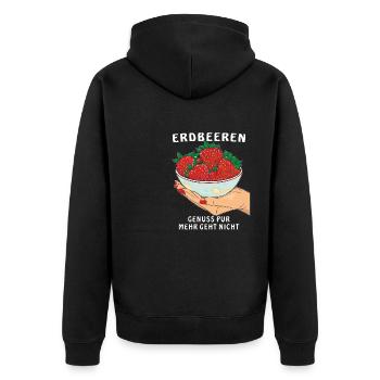ERDBEEREN GENUSS PUR MEHR GEHT NICHT - Unisex Premium Bio Zip Hoodie - Schwarz - Hinten - Nico (187cm)