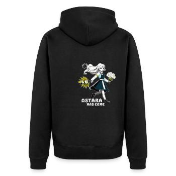 FRAU BLUMEN OSTARA HAS COME - Unisex Premium Bio Zip Hoodie - Schwarz - Hinten - Nico (187cm)