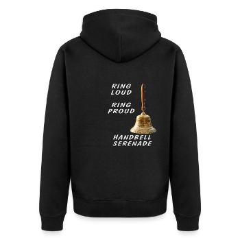 HANDBELL RING LOUD RING PROUD - Unisex Premium Bio Zip Hoodie - Schwarz - Hinten - Nico (187cm)