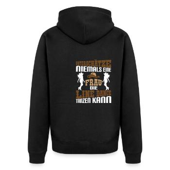 Line Dance Countrymusik Unterschätze niemals eine - Unisex Premium Bio Zip Hoodie - Schwarz - Hinten - Nico (187cm)