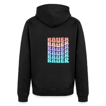 Vibrant Bauer Lettering Cool Retro Style - Unisex Premium Bio Zip Hoodie - Schwarz - Hinten - Nico (187cm)