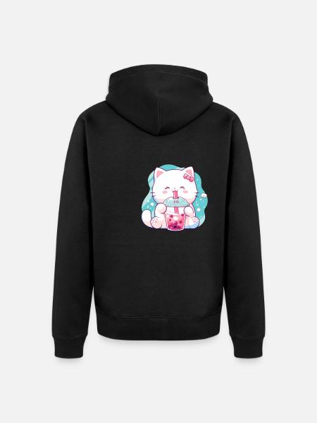 Gatto che beve bubble tea boba e gatti anime - Felpa con cappuccio ecologica premium unisex - nero
