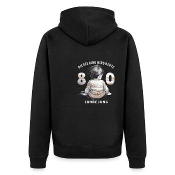 KIND 80. GEBURTSTAG - Unisex Premium Bio Zip Hoodie - Schwarz - Hinten - Nico (187cm)