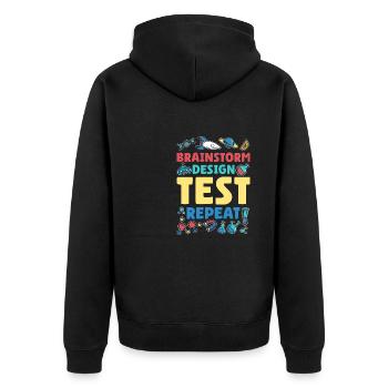 Brainstorm Design Test Repeat - Unisex Premium Bio Zip Hoodie - Schwarz - Hinten - Nico (187cm)
