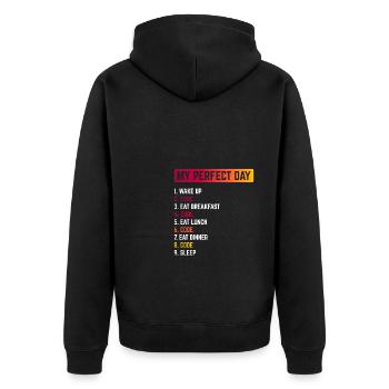 My Perfect Day Wake Up Code Software Developer Pro - Unisex Premium Bio Zip Hoodie - Schwarz - Hinten - Nico (187cm)
