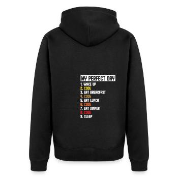 My Perfect Day Wake Up Code Software Developer Pro - Unisex Premium Bio Zip Hoodie - Schwarz - Hinten - Nico (187cm)
