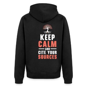 Stay calm and cite your sources. - Unisex Premium Organic Zip Hoodie - black - Back - Nico (187cm)