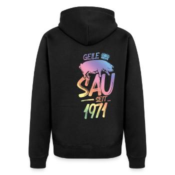 1971 Geile Sau - Unisex Premium Bio Zip Hoodie - Schwarz - Hinten - Nico (187cm)