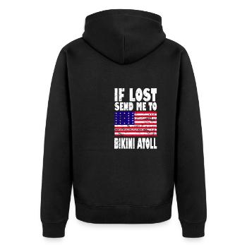 Bikini Atoll Flagge Spruch - Unisex Premium Bio Zip Hoodie - Schwarz - Hinten - Nico (187cm)