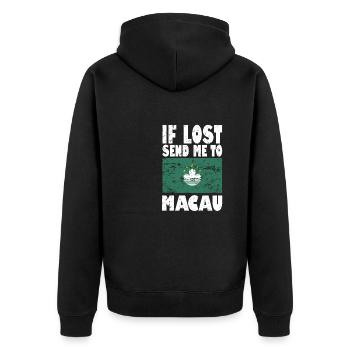 Macau Flagge Spruch - Unisex Premium Bio Zip Hoodie - Schwarz - Hinten - Nico (187cm)