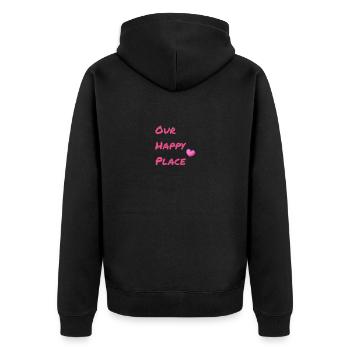 Our Happy Place Rot - Unisex Premium Bio Zip Hoodie - Schwarz - Hinten - Nico (187cm)