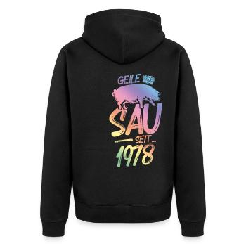 1978 Geile Sau - Unisex Premium Bio Zip Hoodie - Schwarz - Hinten - Nico (187cm)