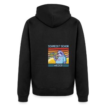 Schmeckt schon wieder - Unisex Premium Bio Zip Hoodie - Schwarz - Hinten - Nico (187cm)