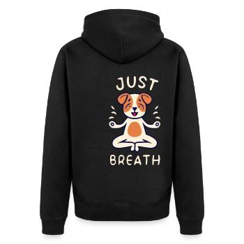 Süßer Hund beim Yoga und "just breath" spruch - Unisex Premium Bio Zip Hoodie - Schwarz - Hinten - Nico (187cm)