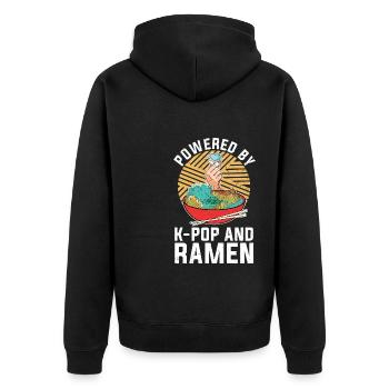 Gestärkt durch K Pop und Ramen Lustiges K Pop - Unisex Premium Bio Zip Hoodie - Schwarz - Hinten - Nico (187cm)