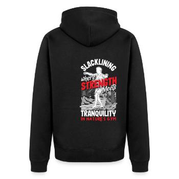 Slacklining, where strength meets tranquility, in - Unisex Premium Organic Zip Hoodie - black - Back - Nico (187cm)