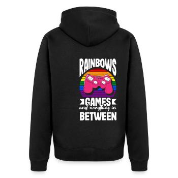 Rainbows, games, and everything in between LGBTQ+ - Unisex Premium Bio Zip Hoodie - Schwarz - Hinten - Nico (187cm)