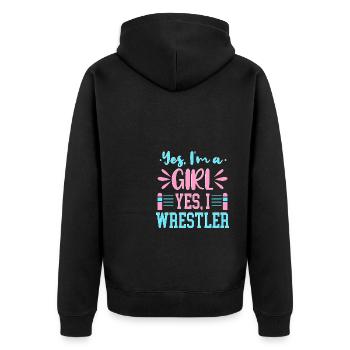 Ja, ich bin ein Mädchen Ja, ich ringe - Unisex Premium Bio Zip Hoodie - Schwarz - Hinten - Nico (187cm)