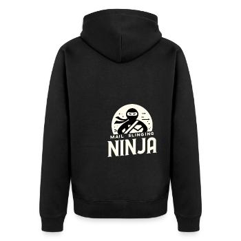 Postwurfsendung Ninja - Unisex Premium Bio Zip Hoodie - Schwarz - Hinten - Nico (187cm)
