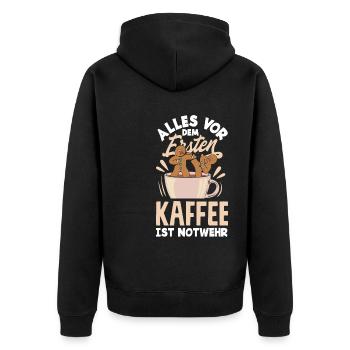 Alles vor dem ersten Kaffee ist Notwehr Lustiges - Unisex Premium Bio Zip Hoodie - Schwarz - Hinten - Nico (187cm)