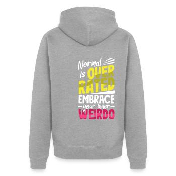 Normal is overrated. Embrace your inner weirdo - Unisex Premium Bio Zip Hoodie - Grau meliert - Hinten - Nico (187cm)