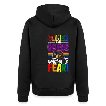 Gamer and queer, nothing to fear! - Unisex Premium Bio Zip Hoodie - Schwarz - Hinten - Nico (187cm)