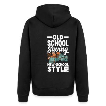 Old-School Saving New-School Style - Unisex Premium Bio Zip Hoodie - Schwarz - Hinten - Nico (187cm)